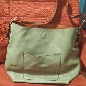 Joy Susan Light Green Leather Shoulder Hobo Bag with Brown Accents
